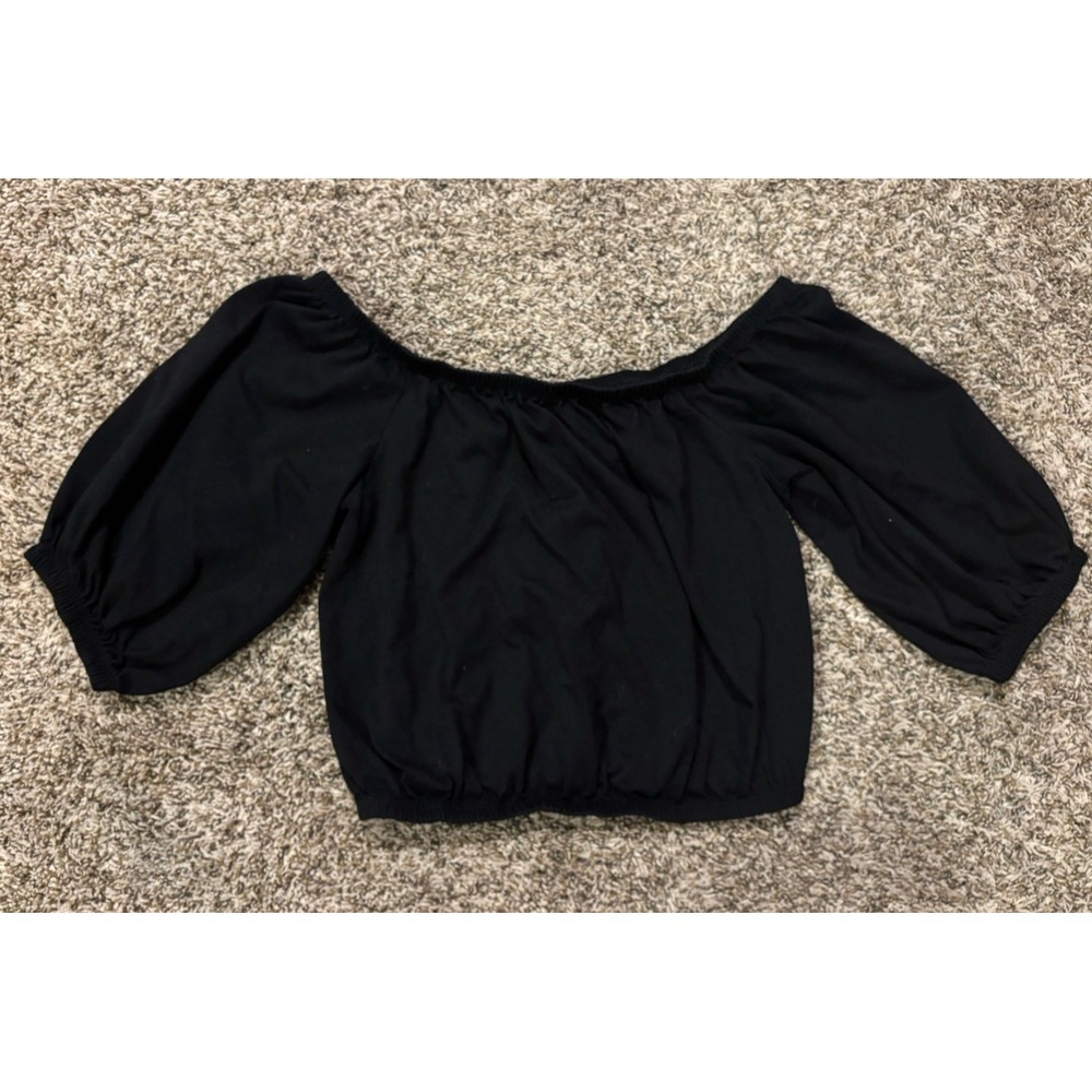 Old Navy Black Off the Shoulder Cropped Blouse Puff Sleeve Cotton Womens XS